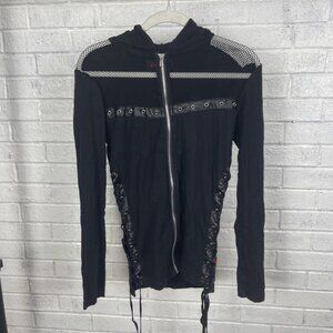 Royal Bones Mesh Zip Front Grommet Hoodie Top Womens M Goth Punk Grunge